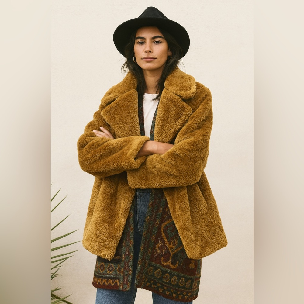 French Connection Tan Faux Fur Teddy Jacket Sz. L